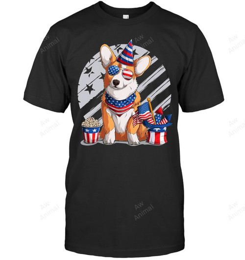 Corgi Fluffy Sitting With American Independence Day Sweatshirt Hoodie Long Sleeve Men Women T-Shirt