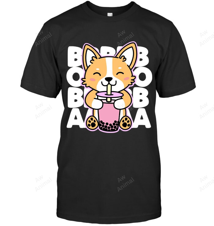 Kawaii Boba Cute Anime Dog Corgi Kawaii Tea Drink Dark Pullover Sweatshirt Hoodie Long Sleeve Men Women T-Shirt