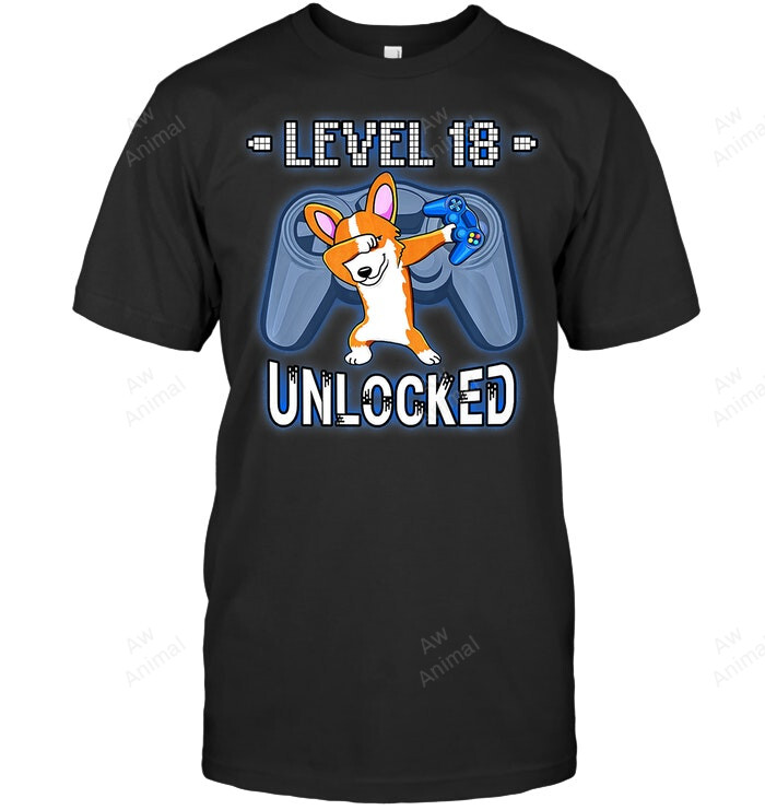 Level 18 Unlocked Funny Dabbing Corgi Gamer 18th Birthday Premium Sweatshirt Hoodie Long Sleeve Men Women T-Shirt