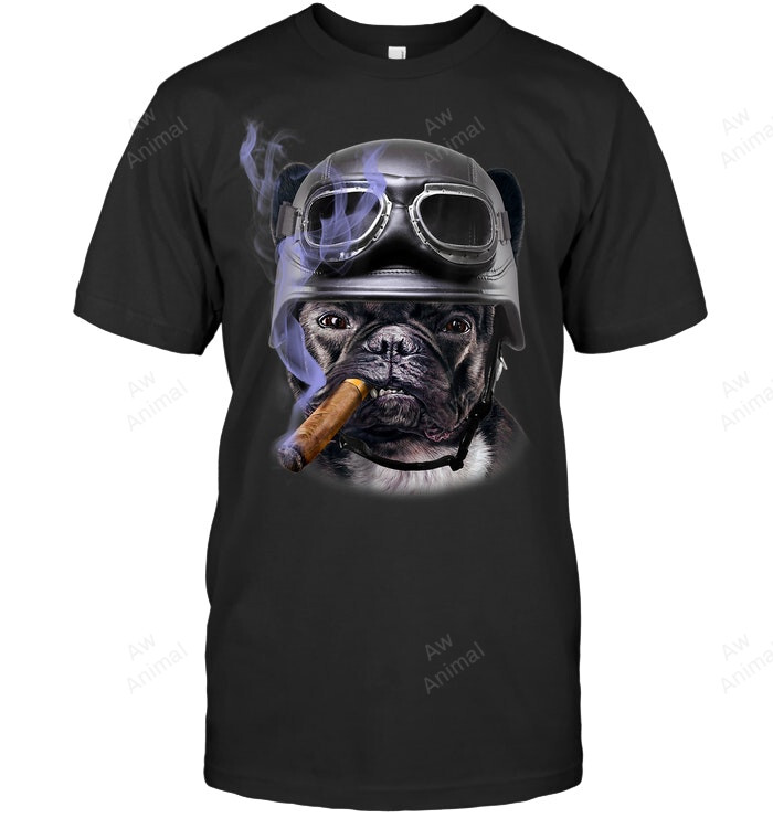 French Bull Dog Biker In Motorcycle Helmet Cigar Sweatshirt Hoodie Long Sleeve Men Women T-Shirt