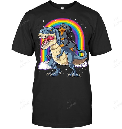 Dachshund Riding Dinosaur T Rex S Boys Kids Rainbow Men Tank Top V-Neck T-Shirt