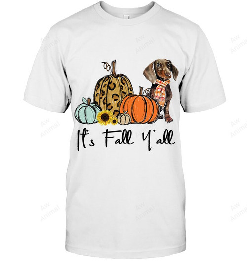 It's Fall Y'all Yellow Dachshund Dog Leopard Pumpkin Falling Sweatshirt Hoodie Long Sleeve Men Women T-Shirt