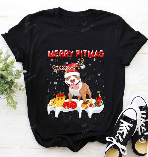 Merry Pitmas Christmas Lights Santa Reindeer Pit Bull Lover