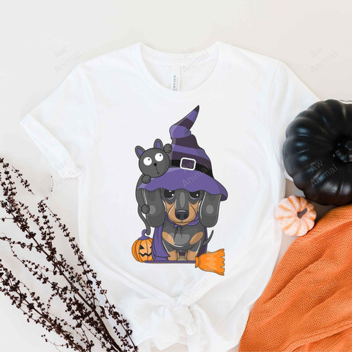Cute Dachshund Wearing Witch Hat And Black Cat