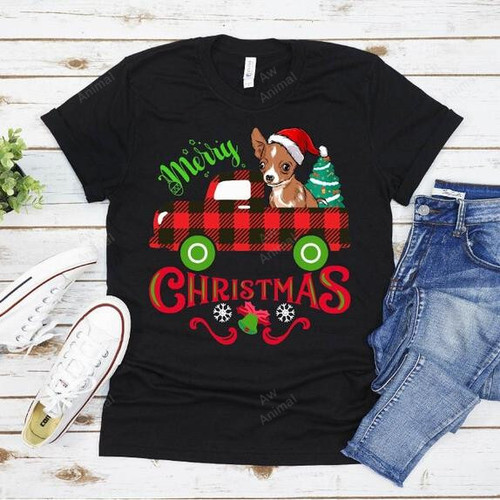 Chihuahua Riding Red Truck Merry Christmas Dog Lover