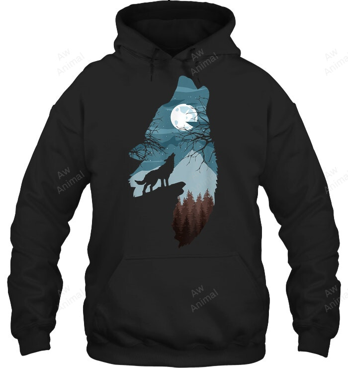 Forest With Full Moon And Cliff Of Silhouette Howling Wolf Sweatshirt Hoodie Long Sleeve