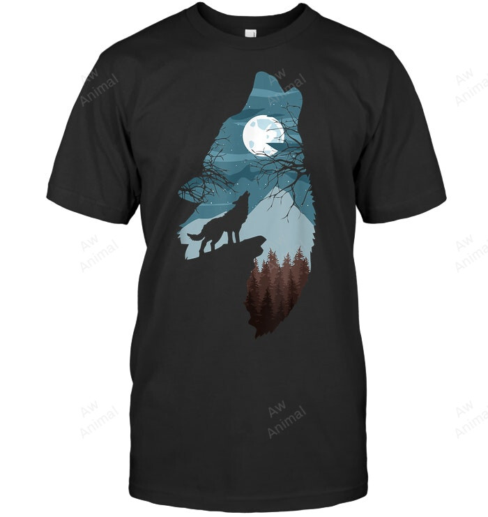 Forest With Full Moon And Cliff Of Silhouette Howling Wolf Men Tank Top V-Neck T-Shirt