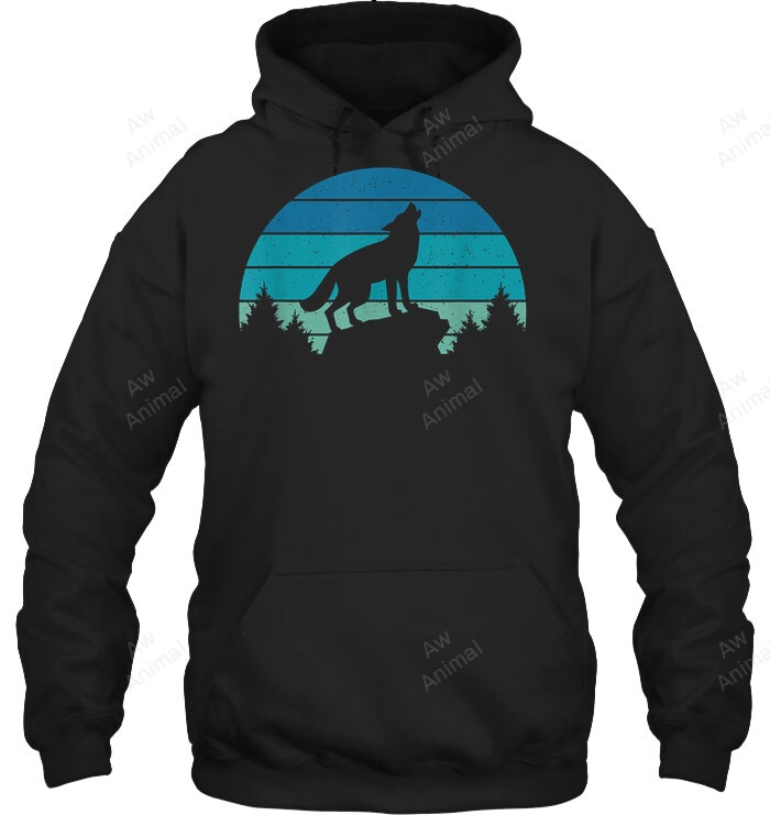 Blue Retro Wolf Forest Print Wild Animal Wilderness Wolves Sweatshirt Hoodie Long Sleeve