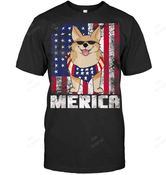 Welsh Corgi Merica Happy 4 July American Flag Sweatshirt Hoodie Long Sleeve Men Women T-Shirt