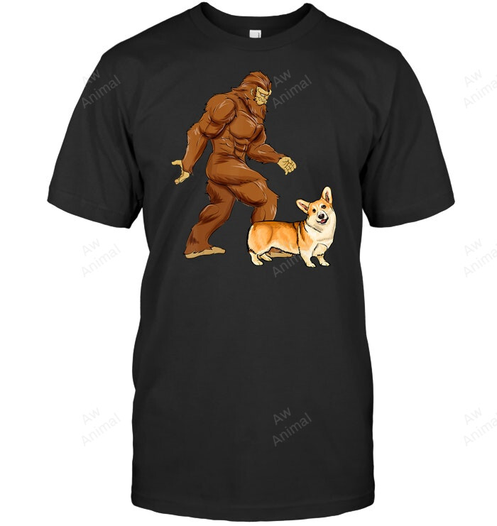 Funny Bigfoot Walking Pembroke Welsh Corgi Sasquatch Dog Sweatshirt Hoodie Long Sleeve Men Women T-Shirt
