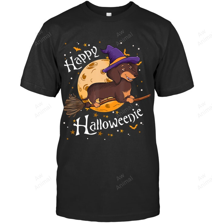 Happy Halloweenie Dachshund Dog Halloween Witch Wiener Broom Sweatshirt Hoodie Long Sleeve Men Women T-Shirt