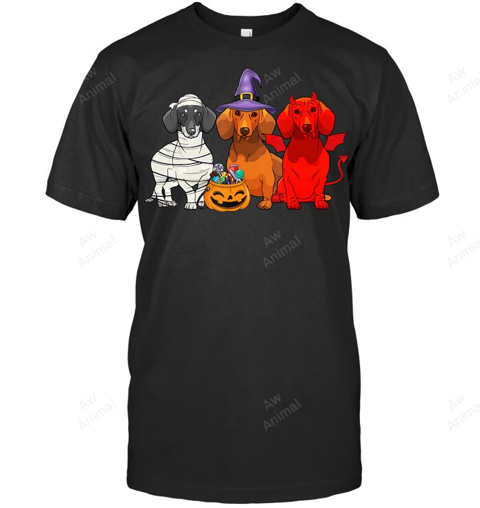 Three Dachshund Dog Mummy Witch Demon Funny Halloween Sweatshirt Hoodie Long Sleeve Men Women T-Shirt