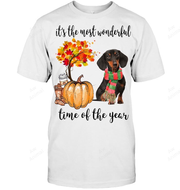 Dachshund Dog Autumn Fall Most Wonderful Time Maple Sweatshirt Hoodie Long Sleeve Men Women T-Shirt