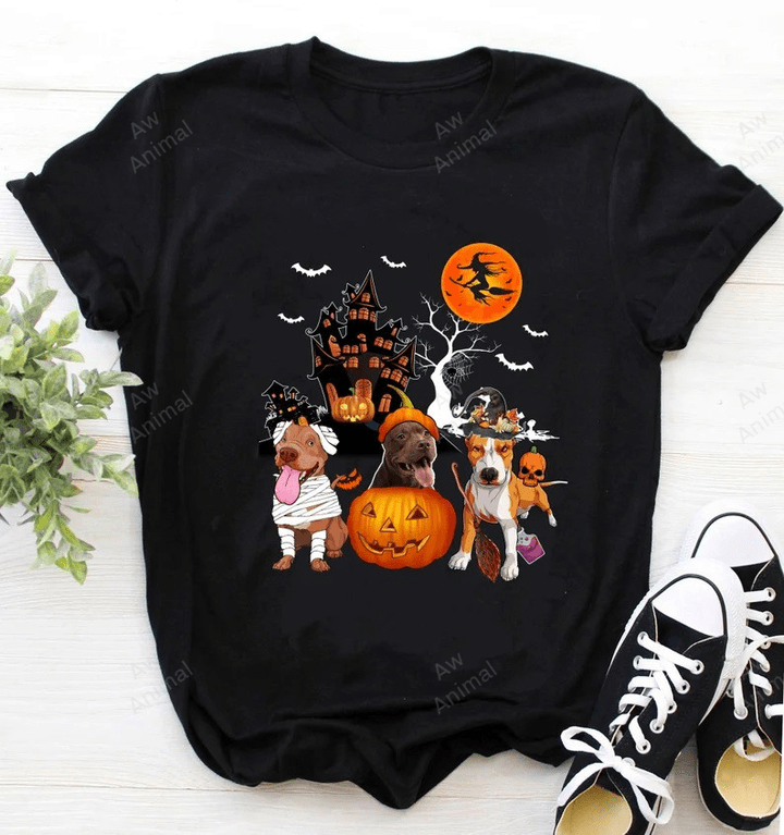 Three Pitbull Halloween Mummy Scary Witch With Pumpkins