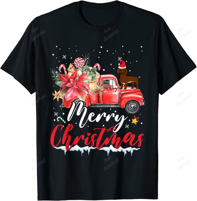 Dachshund Ride Red Truck Merry Christmas Pajama Xmas Party
