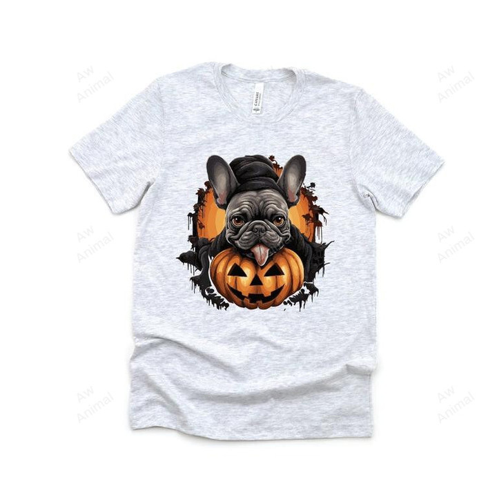Cute French Bulldog Wearing Witch Hat With Pumpkin