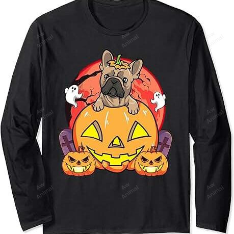 Cute French Bulldog With Scared Pumpkin Ghost Happy Halloween