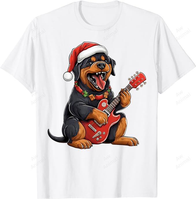 Rottweiler Dog Playing Guitar Santa Hat Xmas Christmas