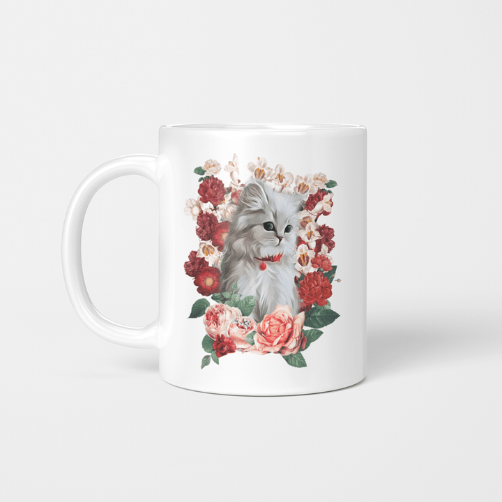 Cat With White And Red Roses