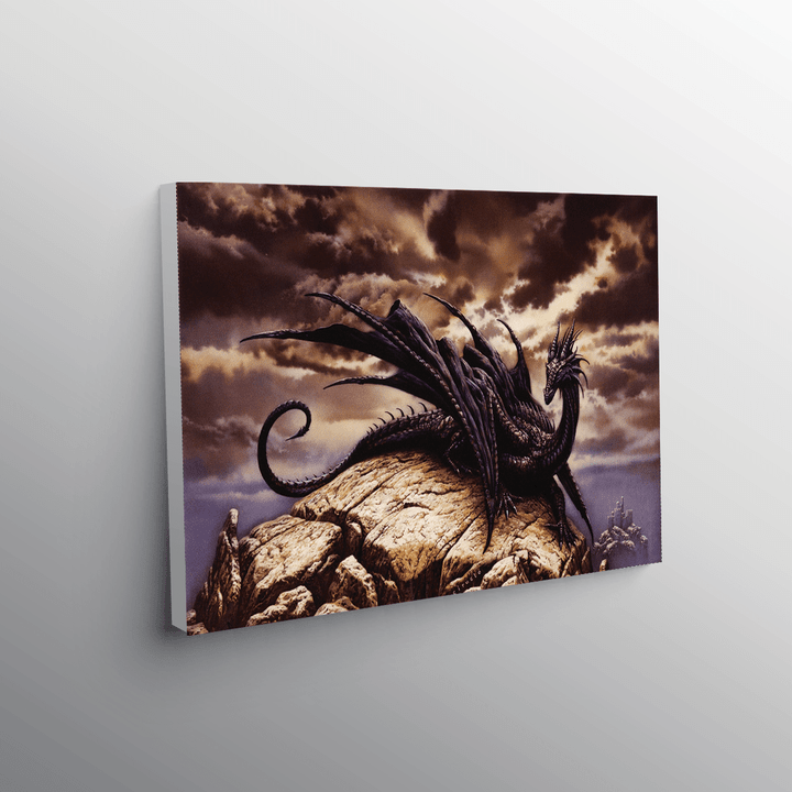 Stunning Black Dragon Is Sitting On A Mountain Canvas