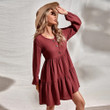 Women's V-neck Single Breasted Long Sleeve Solid Color Dress A- Line Skirt