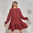 Women's V-neck Single Breasted Long Sleeve Solid Color Dress A- Line Skirt