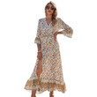Women's Bohemian Dress Tight Waist V-neck Floral Skirt Overknee
