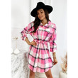 Loose Single-breasted Waist Trimming Lace Up Plaid Shirt Dress