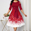 Round Neck Off-the-shoulder Contrast Color High Waist Swing Dress Christmas Snowflake Element Women 's Style