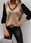 Women's Knitted Lace Bottoming Top Sexy V-neck Fashionable All-match Rhombus Sweater