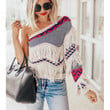Women's Sexy Sweater Thickened Shoulder Stitching Tassel Long Sleeve
