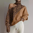 Plus Size Turtleneck Shoulder-baring Sweater Women's Leopard Print Long Sleeve Top