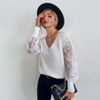 Autumn Women's Lace Stitching Sweater Pullover White V-neck Knitted Bottoming Shirt