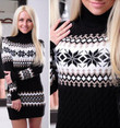 Long Sleeve Turtleneck Print Women's Sweater Dress Snowflake Pullover