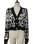 Jacquard Sweater Coat V-neck Slim-fit Embroidery Short Cardigan