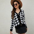 Women's Houndstooth Loose Sweater Coat Fashion V-neck Long Sleeve Knitted Cardigan