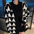 Black And White Color-contrast Check Knitted Coat Women 's V-neck Single Breasted Sweater Cardigan Fashion