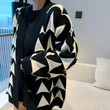 Black And White Color-contrast Check Knitted Coat Women 's V-neck Single Breasted Sweater Cardigan Fashion