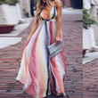 Chiffon Rainbow Printing V-neck Sleeveless Waist Bohemian Dress Long Dresses