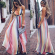Chiffon Rainbow Printing V-neck Sleeveless Waist Bohemian Dress Long Dresses