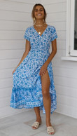 Printed V-neck Waist Dress Bohemian Beach Vacation Long Dresses
