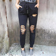 Women's Trousers Solid Color Ripped Hollow-out Drawstring Bottoming Casual Pants