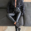 Leather Pants Women's Slim-fit High Waist Stretch Tight Lace-up Zipper Trousers Bottoms
