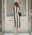 Summer Korean Style Striped Slim-fit Mid-length Dress V-neck Waist-controlled Slimming Asymmetric Skirt Skinny Dresses