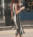 Summer Korean Style Striped Slim-fit Mid-length Dress V-neck Waist-controlled Slimming Asymmetric Skirt Skinny Dresses