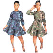 Women's Dress Long Sleeve Camouflage Printed A- Line Skirt Mid Cake Casual Dresses