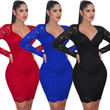 Deep V Lace Pattern Semi See-through Sexy Dress Women's Clothing Casual Dresses