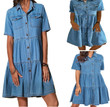 Short Sleeve Multi-button Multi-pocket Midi Denim Dress Casual Dresses