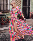 Colorful Stripes Color Printed Long Dress Loose Casual Striped Shirt Strap Casual Dresses