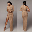Sexy Oblique Shoulder Split Crocheted Hollow-out Woolen Dress Casual Dresses
